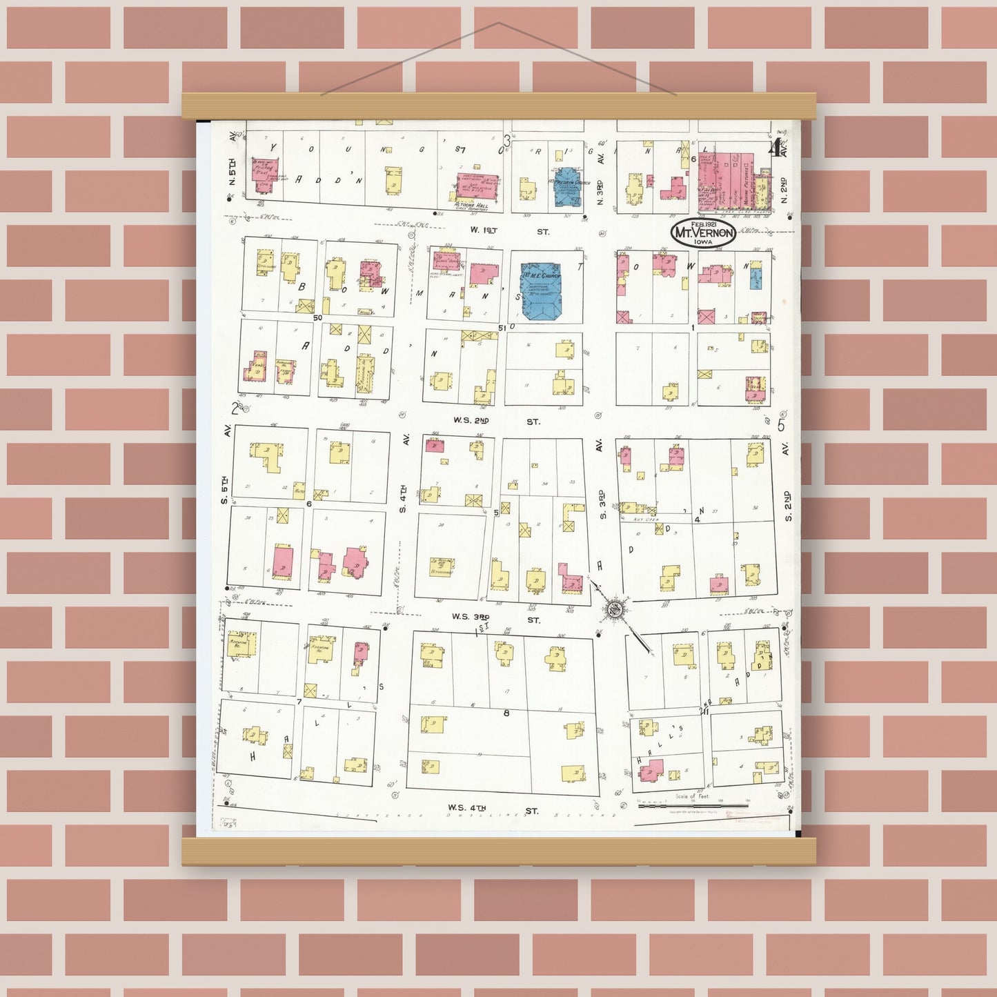 Old map wall art mockup — magnetic wood frame on brick wall — Sanborn Fire Insurance Map from Mount Vernon, Linn County, Iowa (1921), Sheet #0004