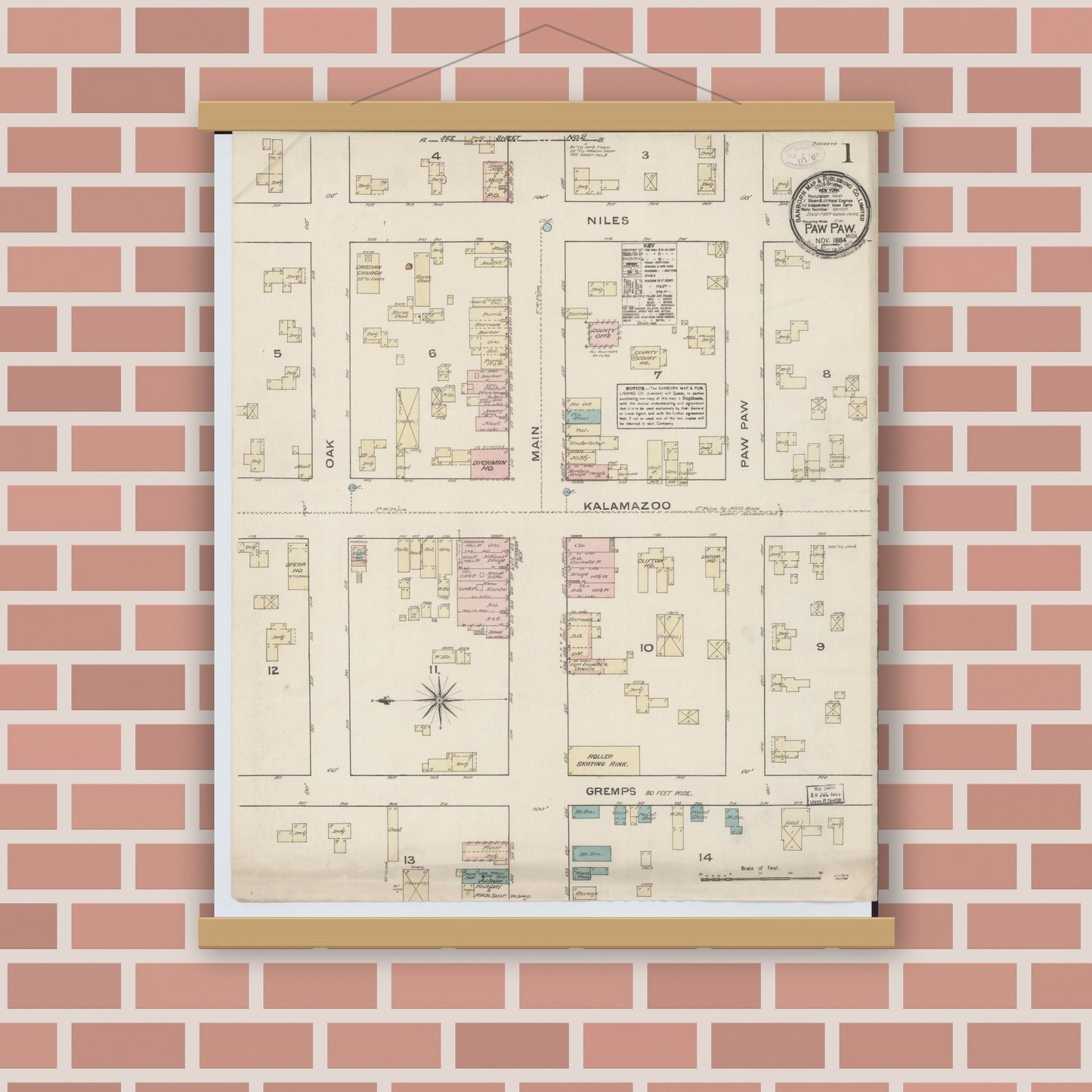 Old map wall art mockup — magnetic wood frame on brick wall — Sanborn Fire Insurance Map from Paw Paw, Van Buren County, Michigan (1884) - Complete Map Set
