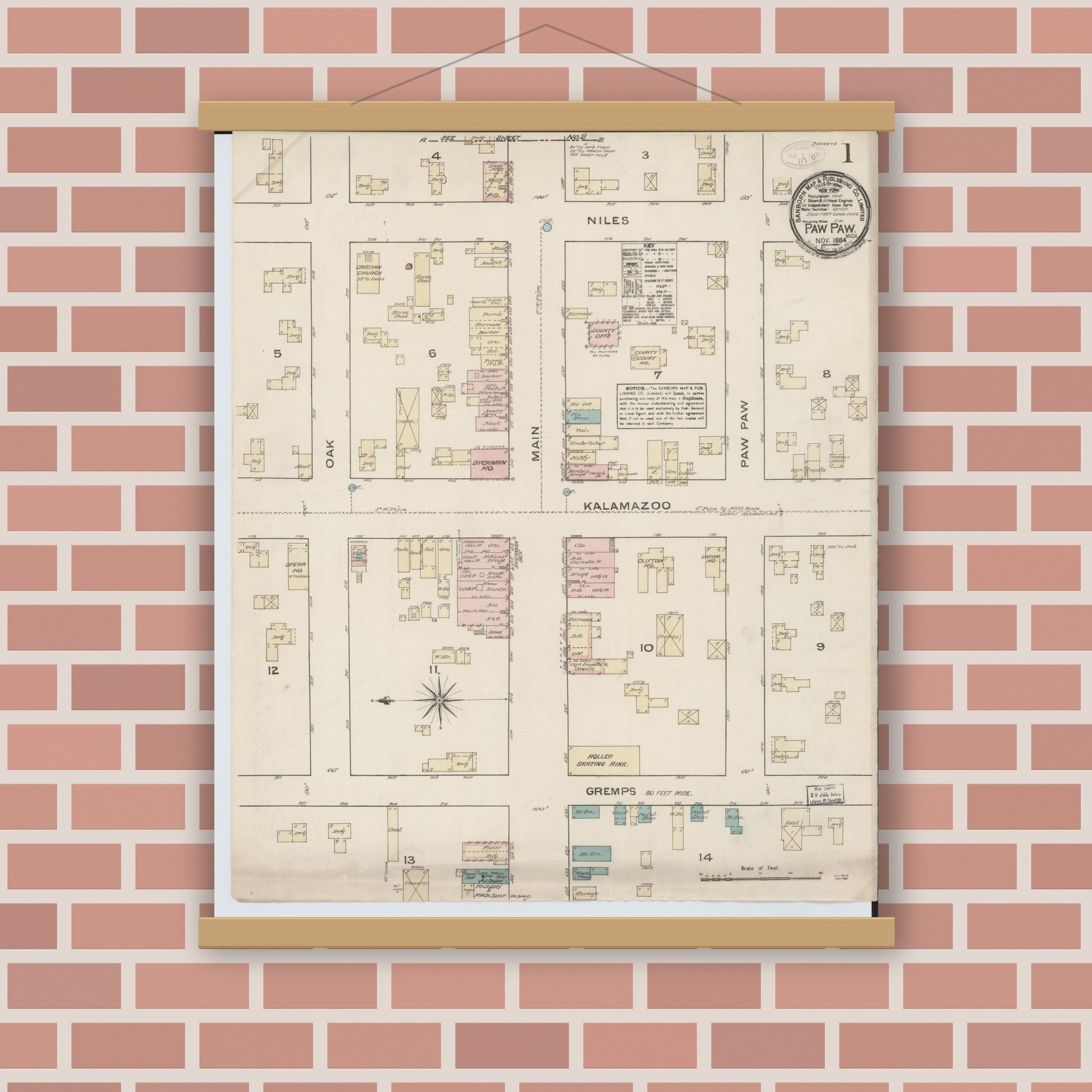 Old map wall art mockup — magnetic wood frame on brick wall — Sanborn Fire Insurance Map from Paw Paw, Van Buren County, Michigan (1884) - Complete Map Set