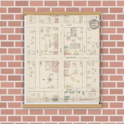 Old map wall art mockup — magnetic wood frame on brick wall — Sanborn Fire Insurance Map from Paw Paw, Van Buren County, Michigan (1884) - Complete Map Set
