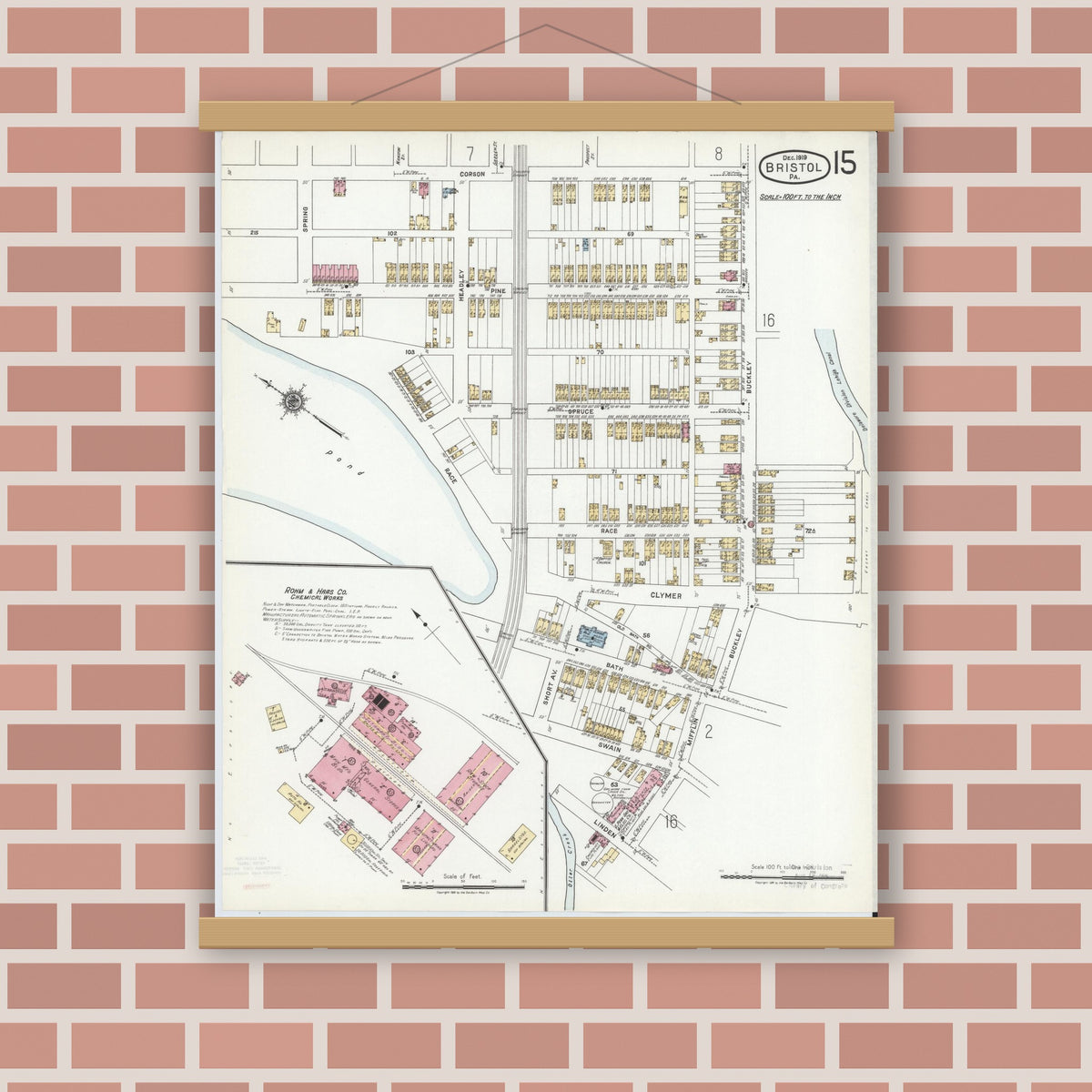 Old map wall art mockup — magnetic wood frame on brick wall — Sanborn Fire Insurance Map from Bristol, Bucks County, Pennsylvania (1927), Sheet #0015