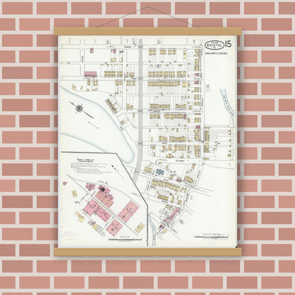 Old map wall art mockup — magnetic wood frame on brick wall — Sanborn Fire Insurance Map from Bristol, Bucks County, Pennsylvania (1927), Sheet #0015