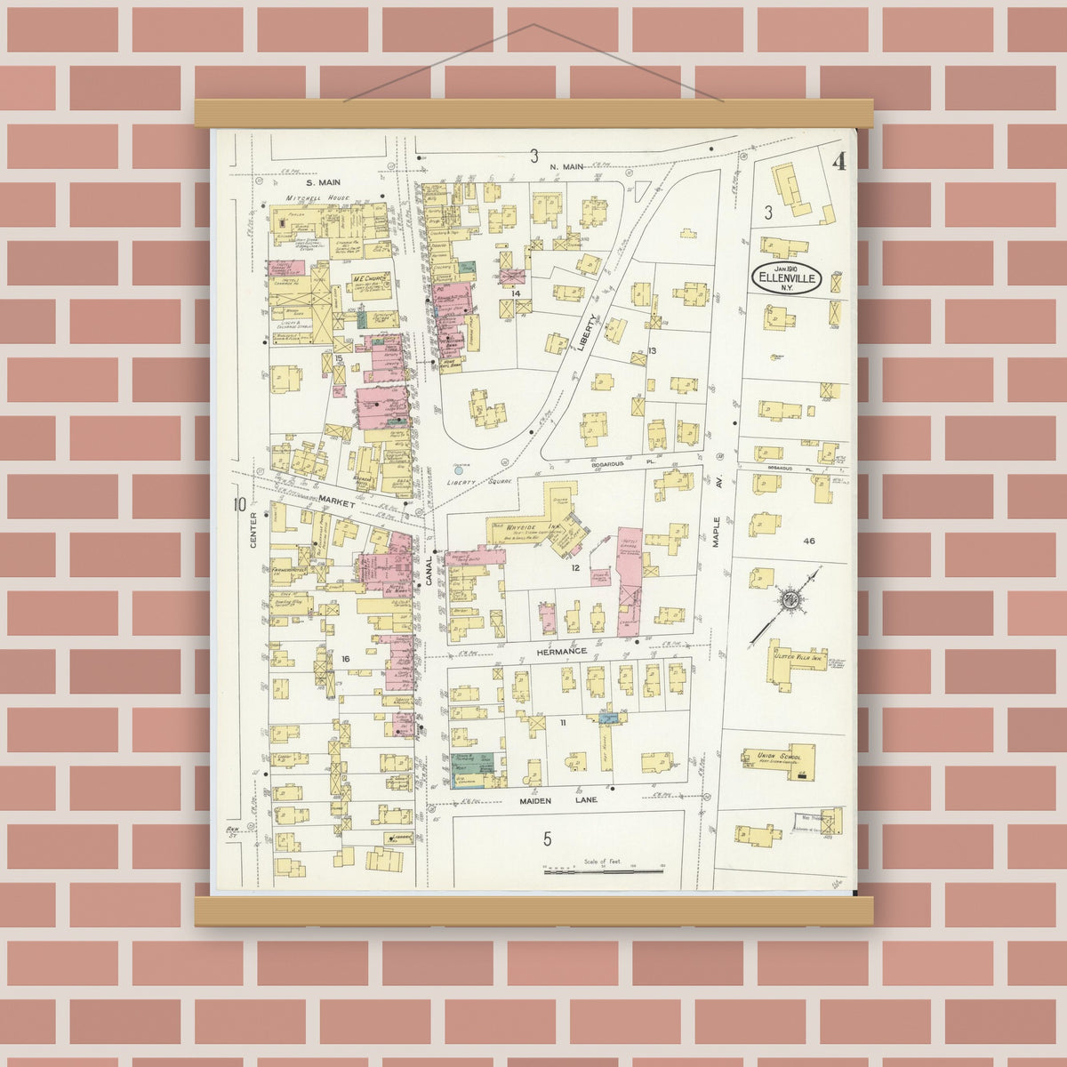 Old map wall art mockup — magnetic wood frame on brick wall — Sanborn Fire Insurance Map from Ellenville, Ulster County, New York (1910), Sheet #0004