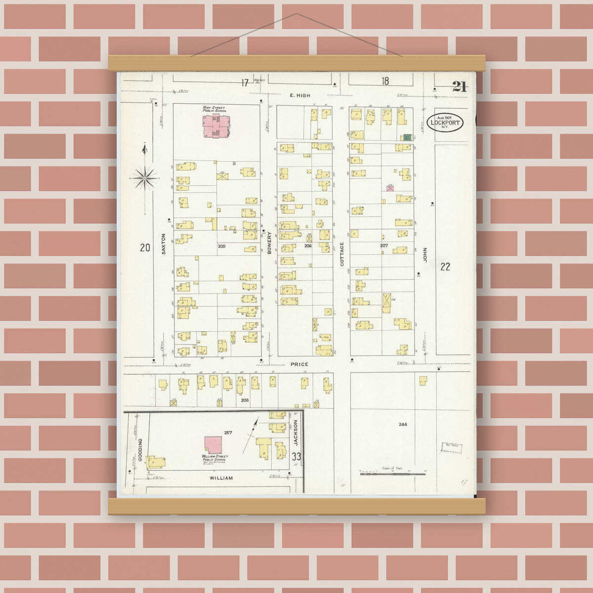 Old map wall art mockup — magnetic wood frame on brick wall — Sanborn Fire Insurance Map from Lockport, Niagara County, New York (1909), Sheet #0021
