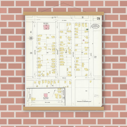 Old map wall art mockup — magnetic wood frame on brick wall — Sanborn Fire Insurance Map from Lockport, Niagara County, New York (1909), Sheet #0021