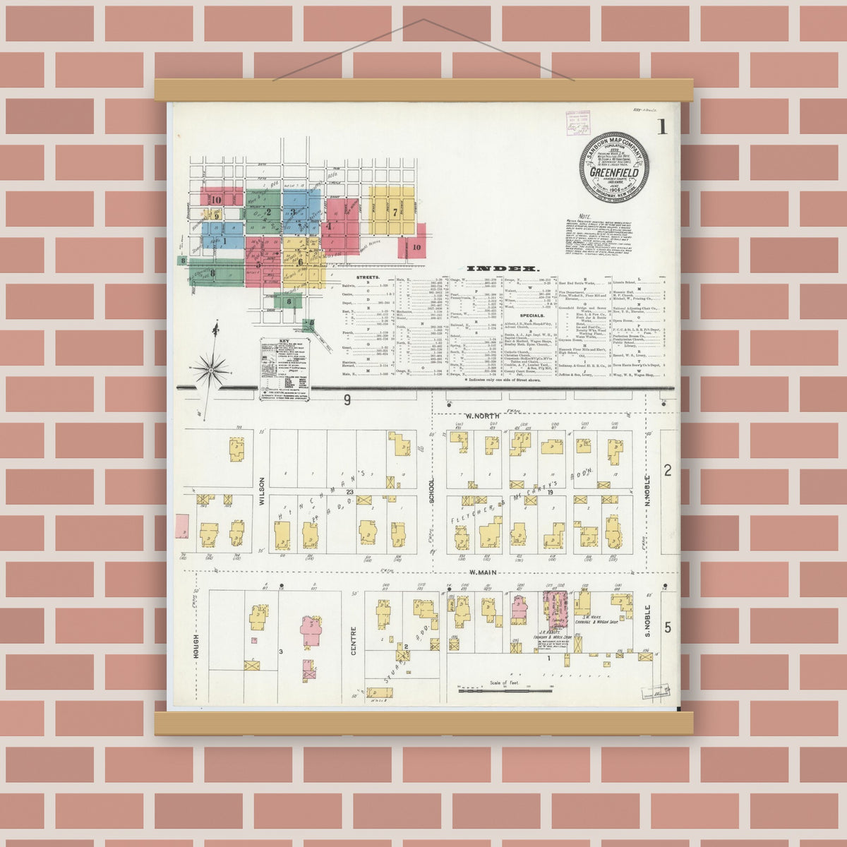 Old map wall art mockup — magnetic wood frame on brick wall — Sanborn Fire Insurance Map from Greenfield, Hancock County, Indiana (1906), Sheet #0001