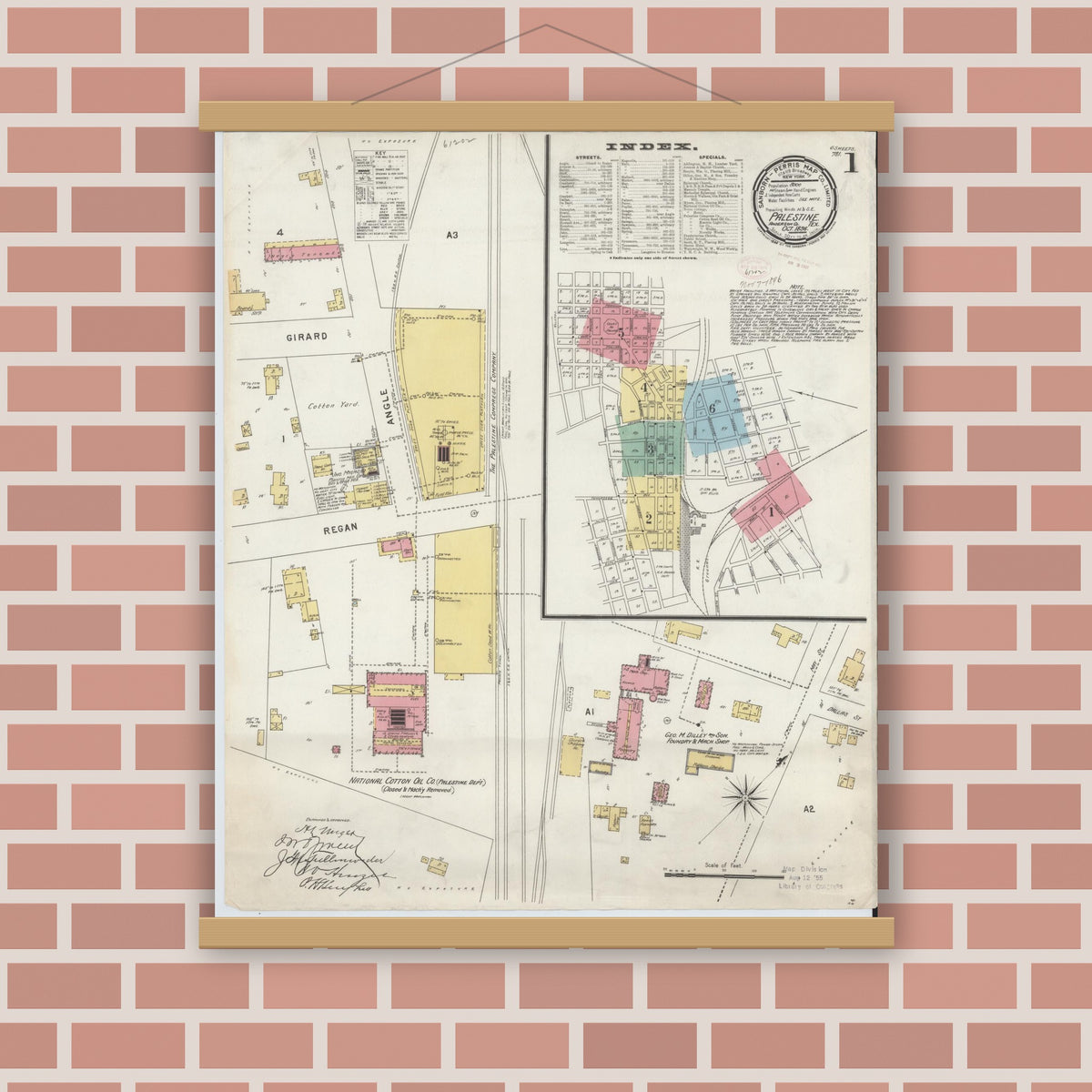 Old map wall art mockup — magnetic wood frame on brick wall — Sanborn Fire Insurance Map from Palestine, Anderson County, Texas (1896), Sheet #0001