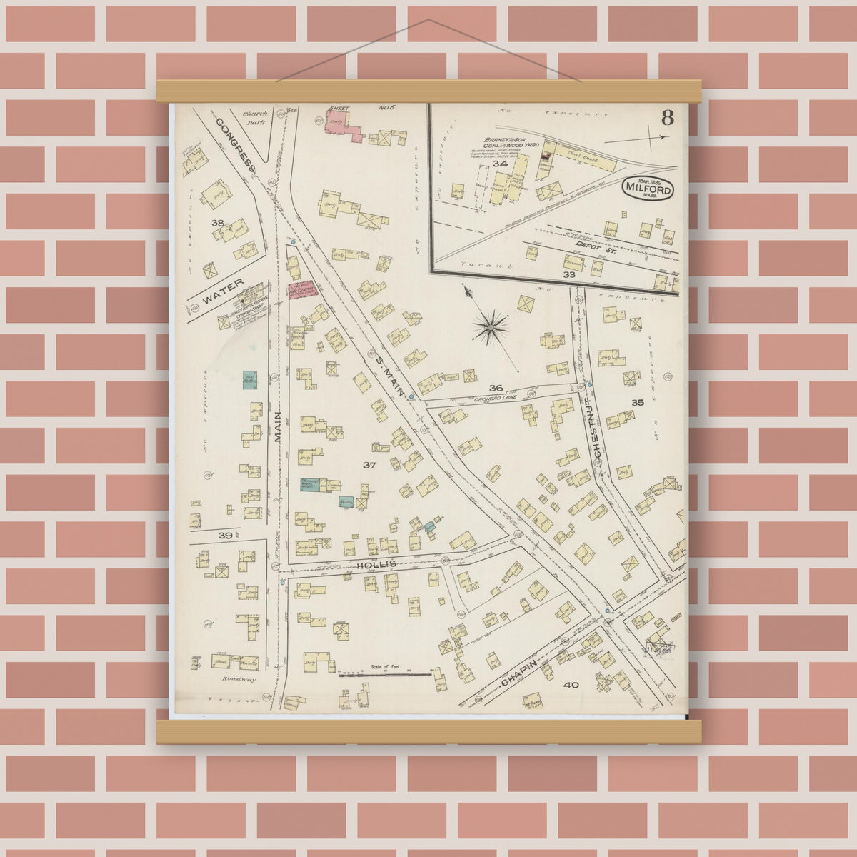 Old map wall art mockup — magnetic wood frame on brick wall — Sanborn Fire Insurance Map from Milford, Worcester County, Massachusetts (1885), Sheet #0008