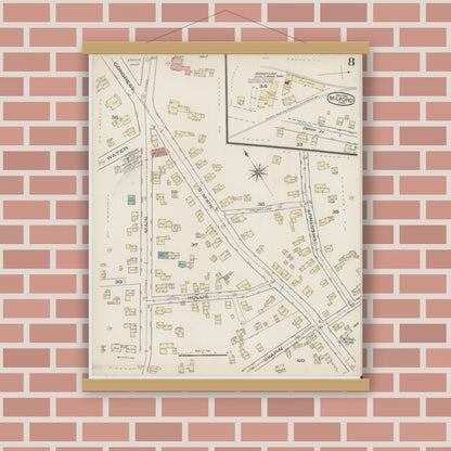 Old map wall art mockup — magnetic wood frame on brick wall — Sanborn Fire Insurance Map from Milford, Worcester County, Massachusetts (1885), Sheet #0008
