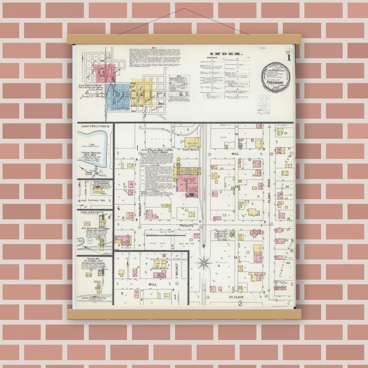 Old map wall art mockup — magnetic wood frame on brick wall — Sanborn Fire Insurance Map from Freeburg, Saint Clair County, Illinois (1900) - Complete Map Set