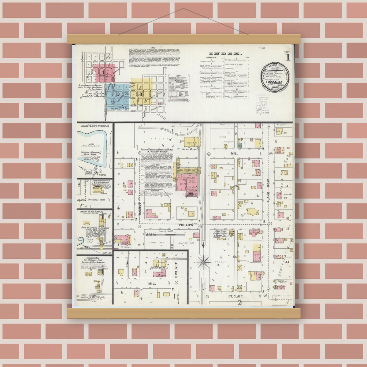 Old map wall art mockup — magnetic wood frame on brick wall — Sanborn Fire Insurance Map from Freeburg, Saint Clair County, Illinois (1900) - Complete Map Set
