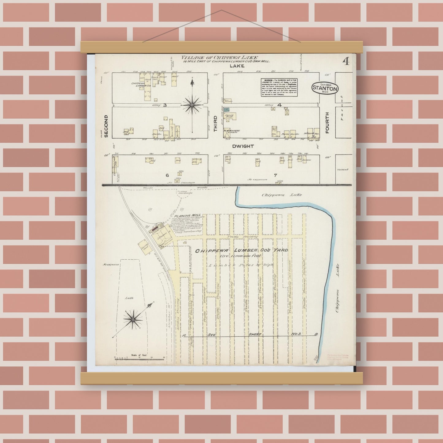 Old map wall art mockup — magnetic wood frame on brick wall — Sanborn Fire Insurance Map from Stanton, Montcalm County, Michigan (1884), Sheet #0004