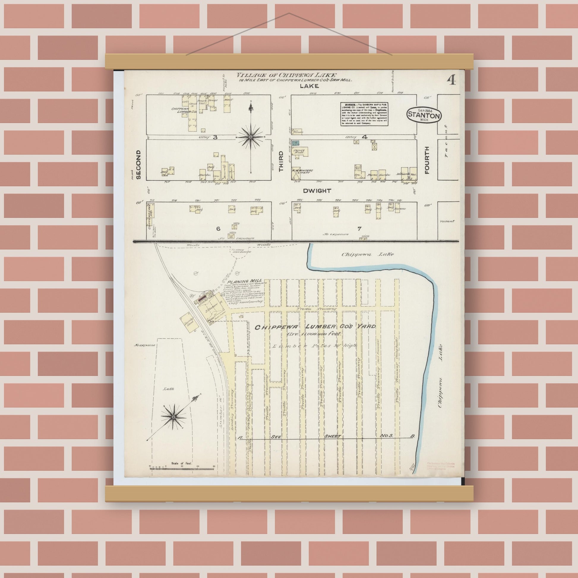 Old map wall art mockup — magnetic wood frame on brick wall — Sanborn Fire Insurance Map from Stanton, Montcalm County, Michigan (1884), Sheet #0004