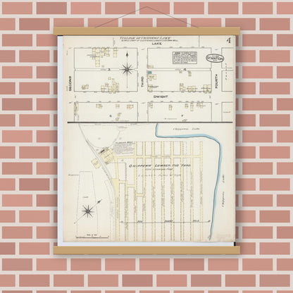 Old map wall art mockup — magnetic wood frame on brick wall — Sanborn Fire Insurance Map from Stanton, Montcalm County, Michigan (1884), Sheet #0004