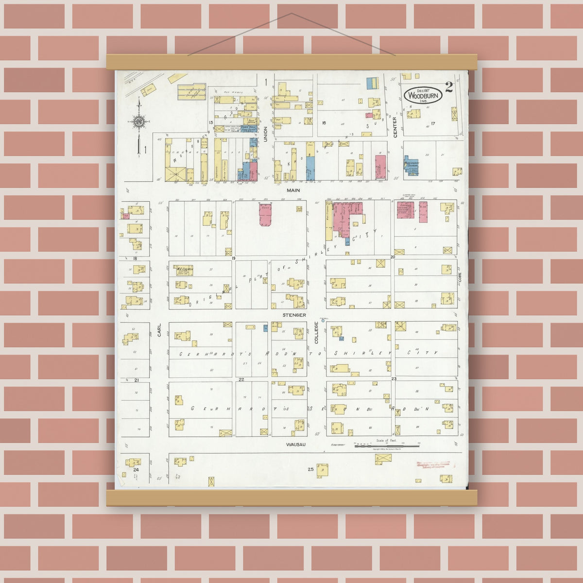 Old map wall art mockup — magnetic wood frame on brick wall — Sanborn Fire Insurance Map from Woodburn, Allen County, Indiana (1917), Sheet #0002