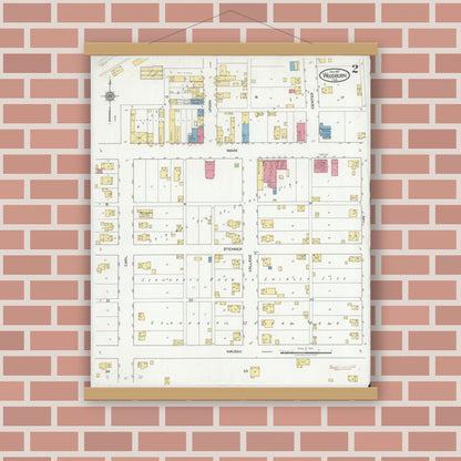 Old map wall art mockup — magnetic wood frame on brick wall — Sanborn Fire Insurance Map from Woodburn, Allen County, Indiana (1917), Sheet #0002