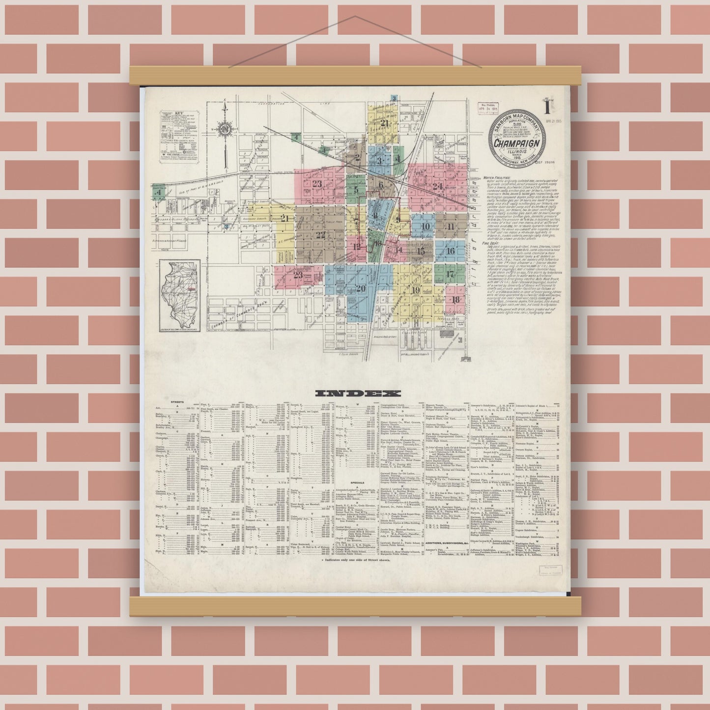 Old map wall art mockup — magnetic wood frame on brick wall — Sanborn Fire Insurance Map from Champaign, Champaign County, Illinois (1915) - Complete Map Set
