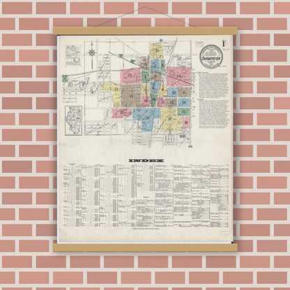 Old map wall art mockup — magnetic wood frame on brick wall — Sanborn Fire Insurance Map from Champaign, Champaign County, Illinois (1915) - Complete Map Set