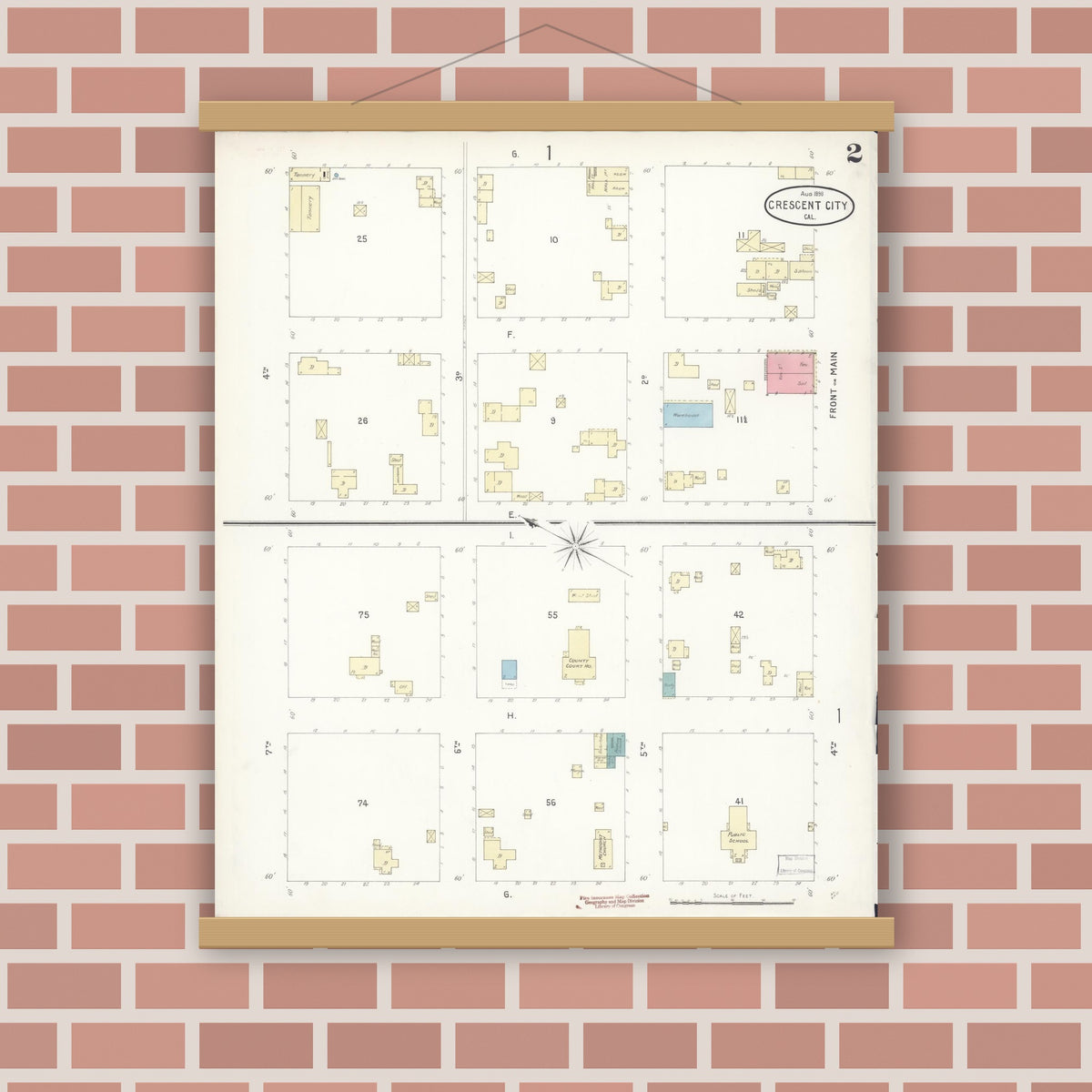 Old map wall art mockup — magnetic wood frame on brick wall — Sanborn Fire Insurance Map from Crescent City, Del Norte County, California (1898), Sheet #0002