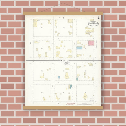 Old map wall art mockup — magnetic wood frame on brick wall — Sanborn Fire Insurance Map from Crescent City, Del Norte County, California (1898), Sheet #0002