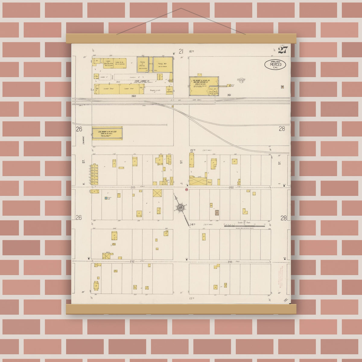 Old map wall art mockup — magnetic wood frame on brick wall — Sanborn Fire Insurance Map from Merced, Merced County, California (1922), Sheet #0027