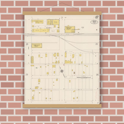 Old map wall art mockup — magnetic wood frame on brick wall — Sanborn Fire Insurance Map from Merced, Merced County, California (1922), Sheet #0027