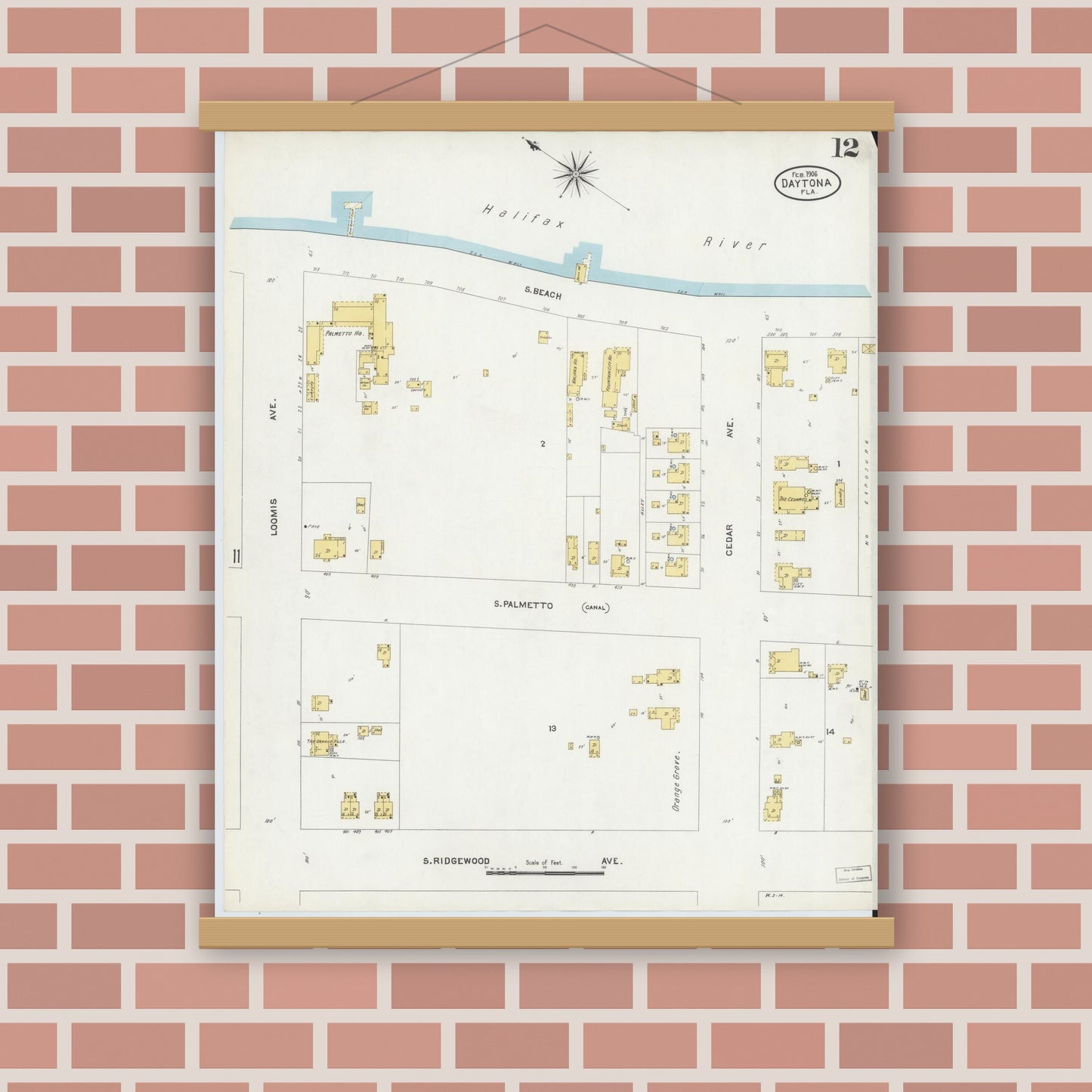 Old map wall art mockup — magnetic wood frame on brick wall — Sanborn Fire Insurance Map from Daytona, Volusia County, Florida (1906), Sheet #0012