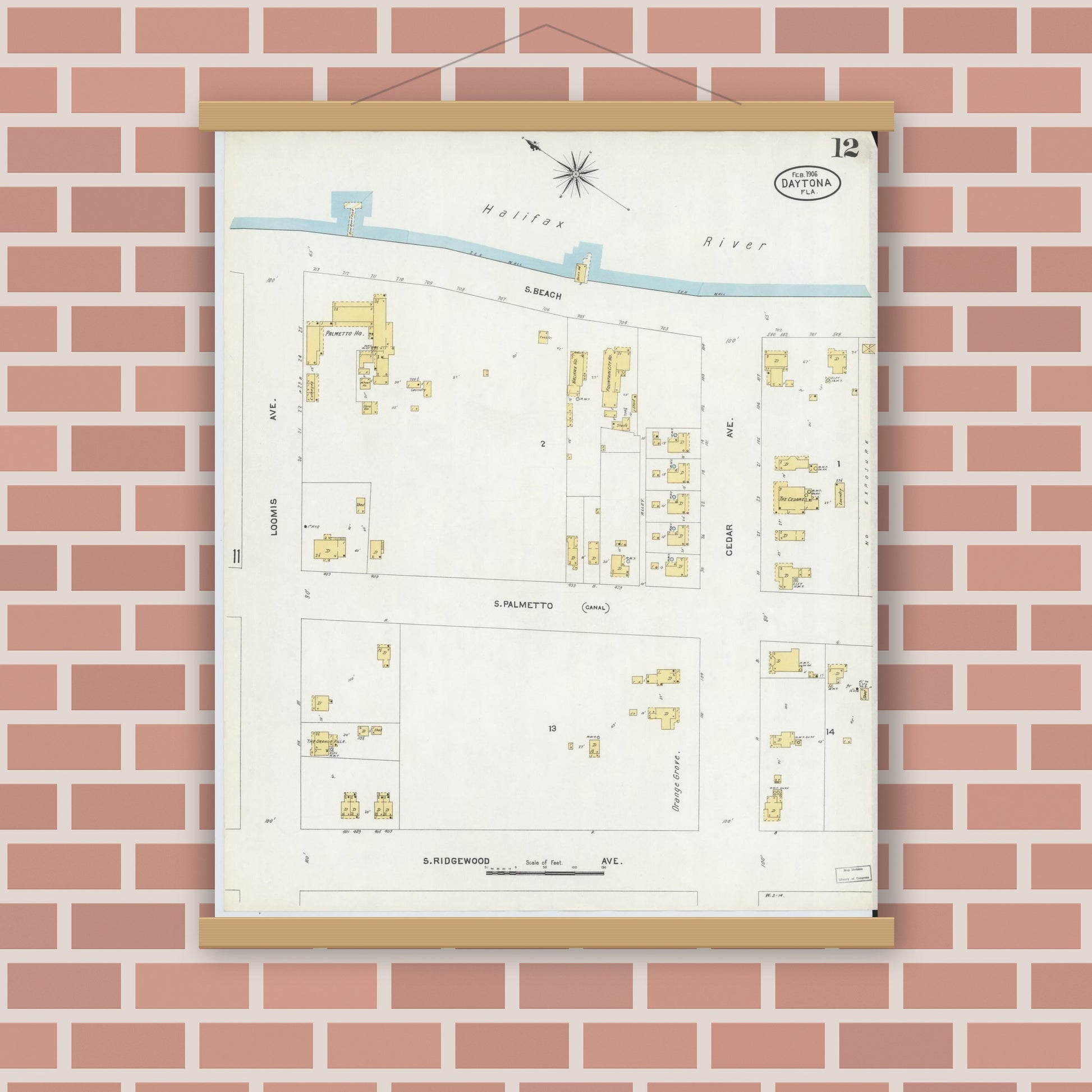 Old map wall art mockup — magnetic wood frame on brick wall — Sanborn Fire Insurance Map from Daytona, Volusia County, Florida (1906), Sheet #0012