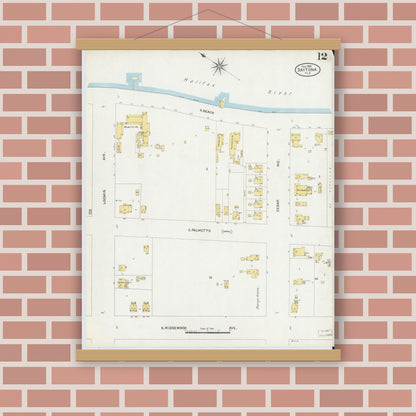 Old map wall art mockup — magnetic wood frame on brick wall — Sanborn Fire Insurance Map from Daytona, Volusia County, Florida (1906), Sheet #0012