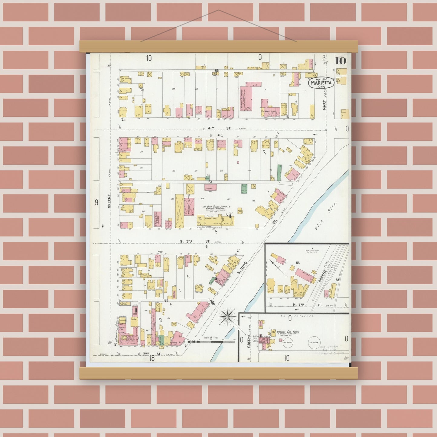 Old map wall art mockup — magnetic wood frame on brick wall — Sanborn Fire Insurance Map from Marietta, Washington County, Ohio (1900), Sheet #0010