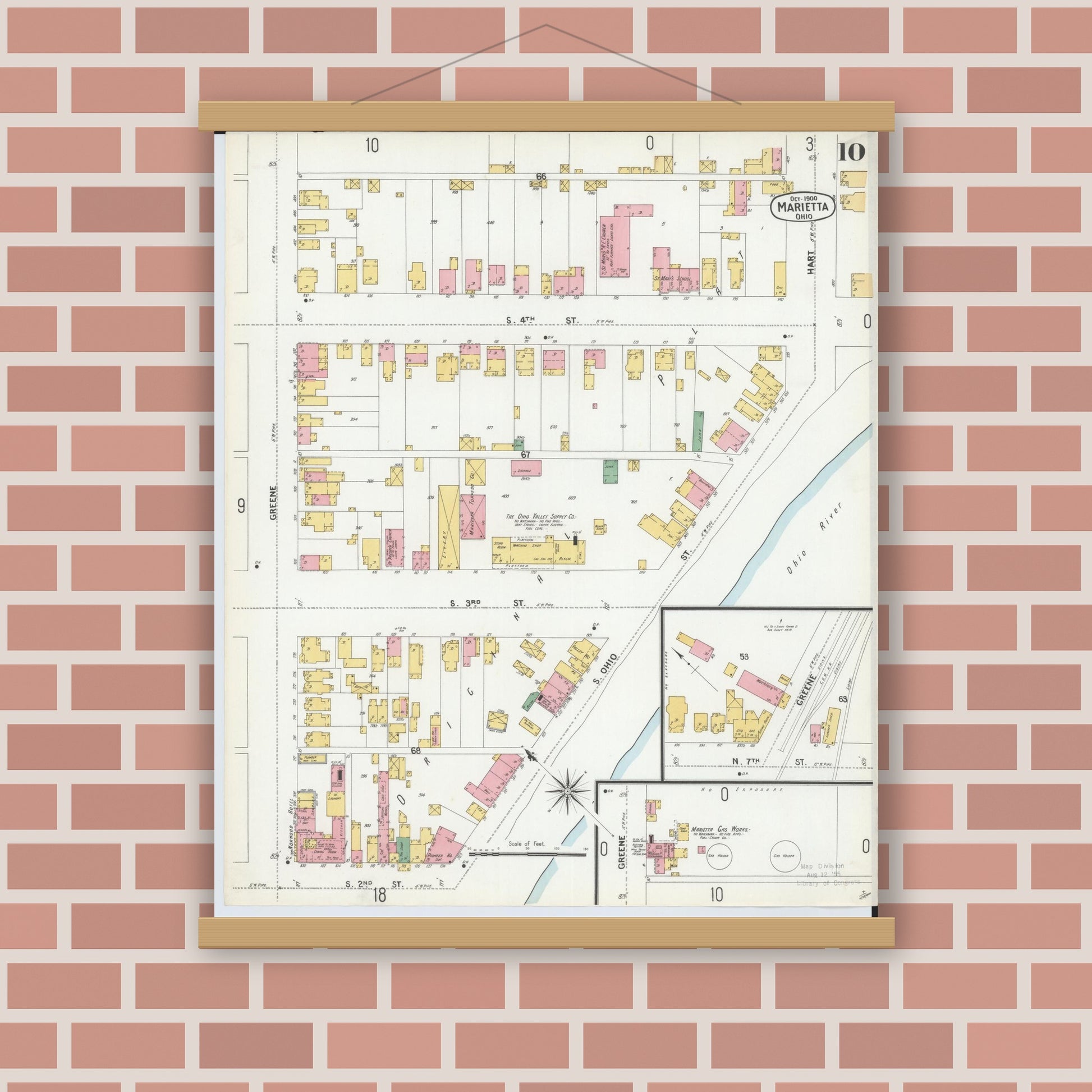 Old map wall art mockup — magnetic wood frame on brick wall — Sanborn Fire Insurance Map from Marietta, Washington County, Ohio (1900), Sheet #0010