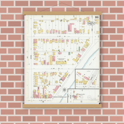 Old map wall art mockup — magnetic wood frame on brick wall — Sanborn Fire Insurance Map from Marietta, Washington County, Ohio (1900), Sheet #0010