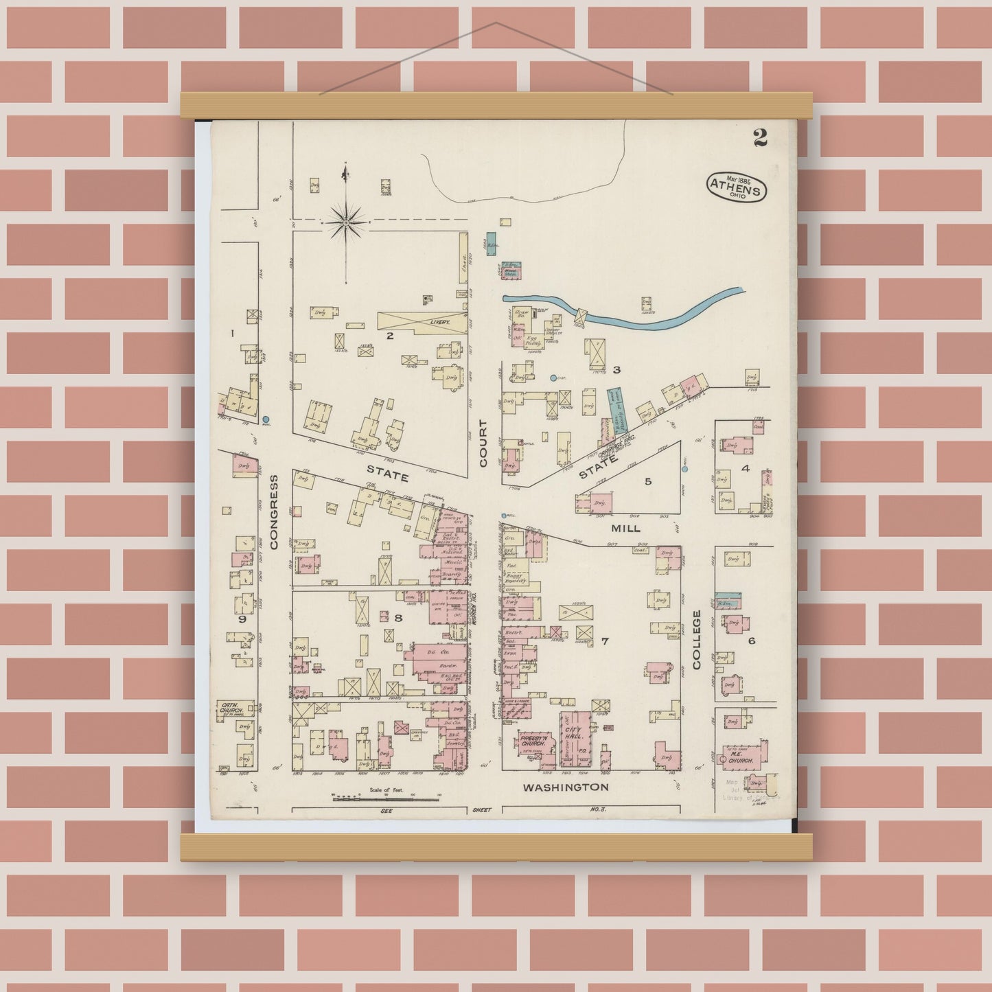 Old map wall art mockup — magnetic wood frame on brick wall — Sanborn Fire Insurance Map from Athens, Athens County, Ohio (1885), Sheet #0002