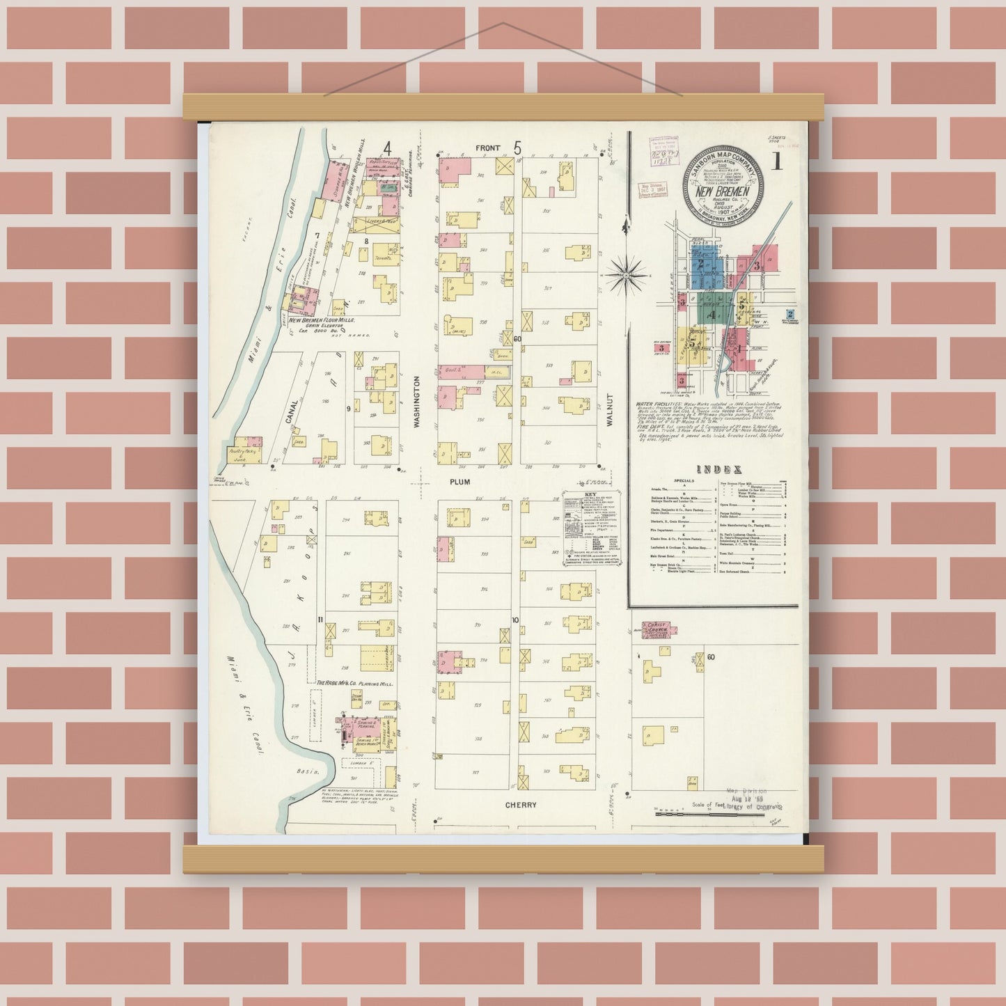 Old map wall art mockup — magnetic wood frame on brick wall — Sanborn Fire Insurance Map from New Bremen, Auglaize County, Ohio (1907) - Complete Map Set