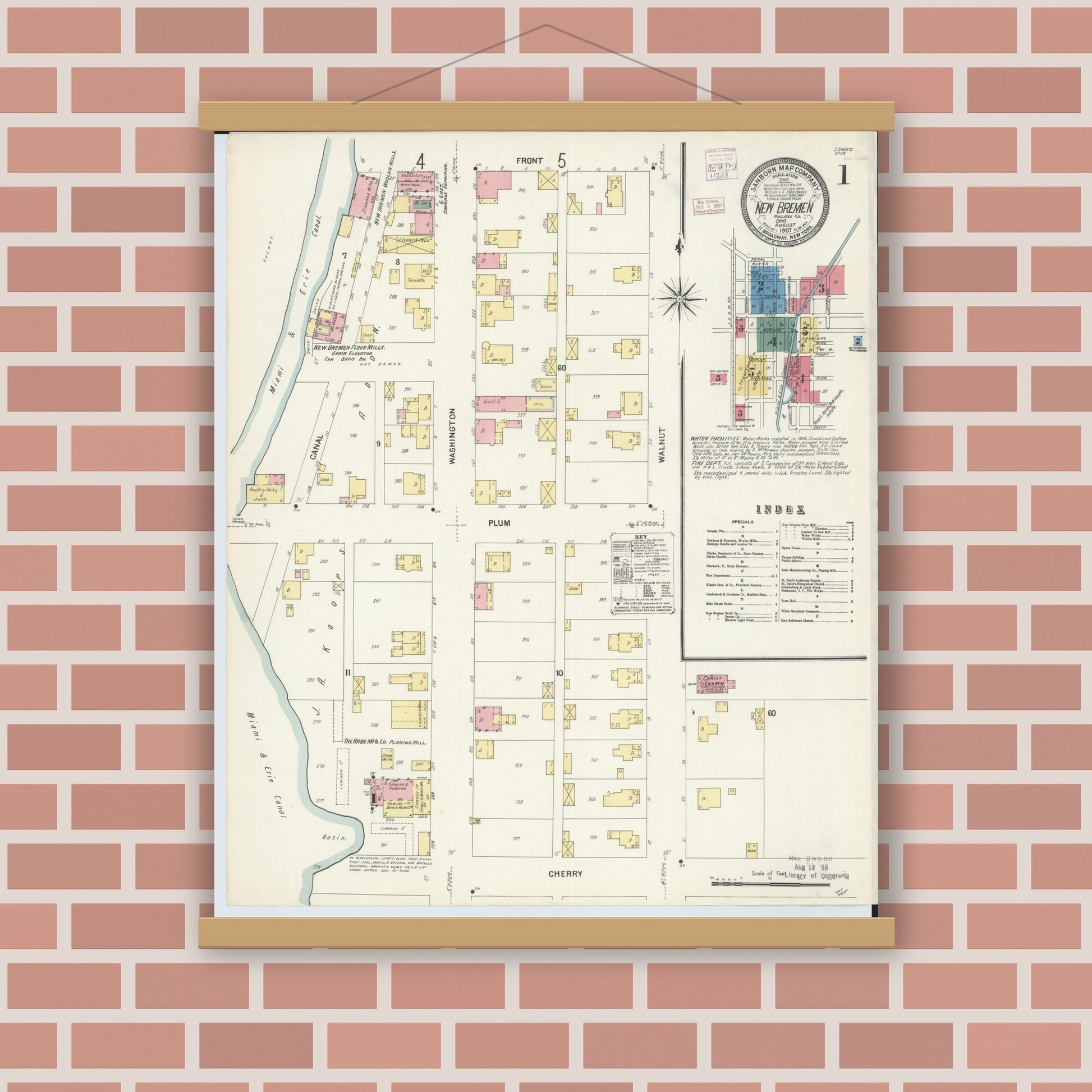Old map wall art mockup — magnetic wood frame on brick wall — Sanborn Fire Insurance Map from New Bremen, Auglaize County, Ohio (1907) - Complete Map Set