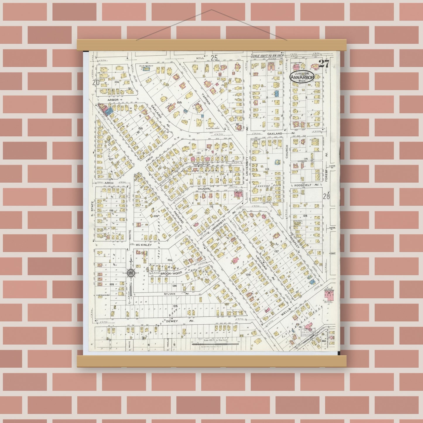 Old map wall art mockup — magnetic wood frame on brick wall — Sanborn Fire Insurance Map from Ann Arbor, Washtenaw County, Michigan (1916), Sheet #0027