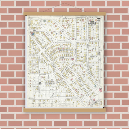 Old map wall art mockup — magnetic wood frame on brick wall — Sanborn Fire Insurance Map from Ann Arbor, Washtenaw County, Michigan (1916), Sheet #0027