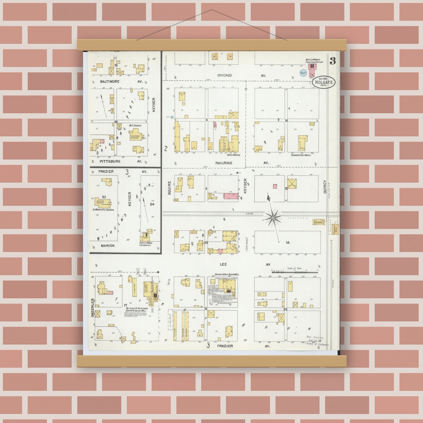 Old map wall art mockup — magnetic wood frame on brick wall — Sanborn Fire Insurance Map from Holgate, Henry County, Ohio (1901), Sheet #0003