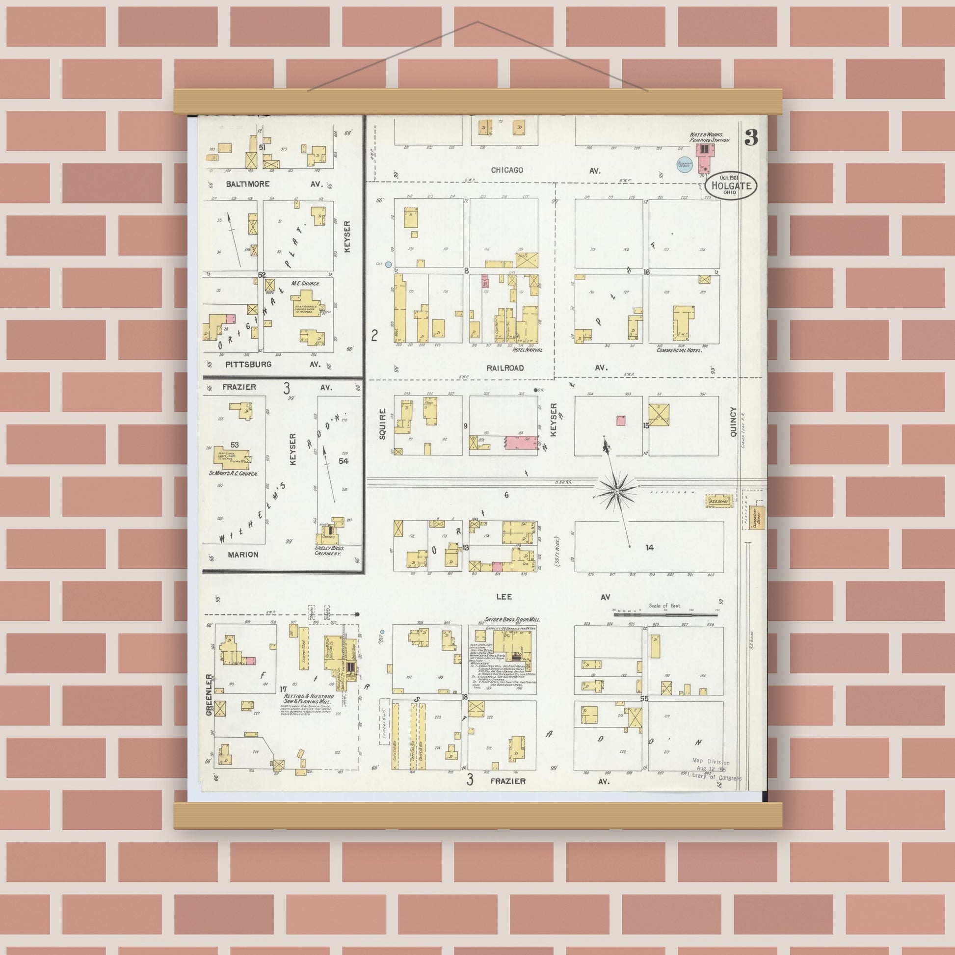 Old map wall art mockup — magnetic wood frame on brick wall — Sanborn Fire Insurance Map from Holgate, Henry County, Ohio (1901), Sheet #0003
