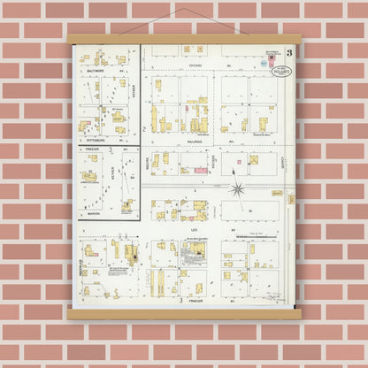 Old map wall art mockup — magnetic wood frame on brick wall — Sanborn Fire Insurance Map from Holgate, Henry County, Ohio (1901), Sheet #0003