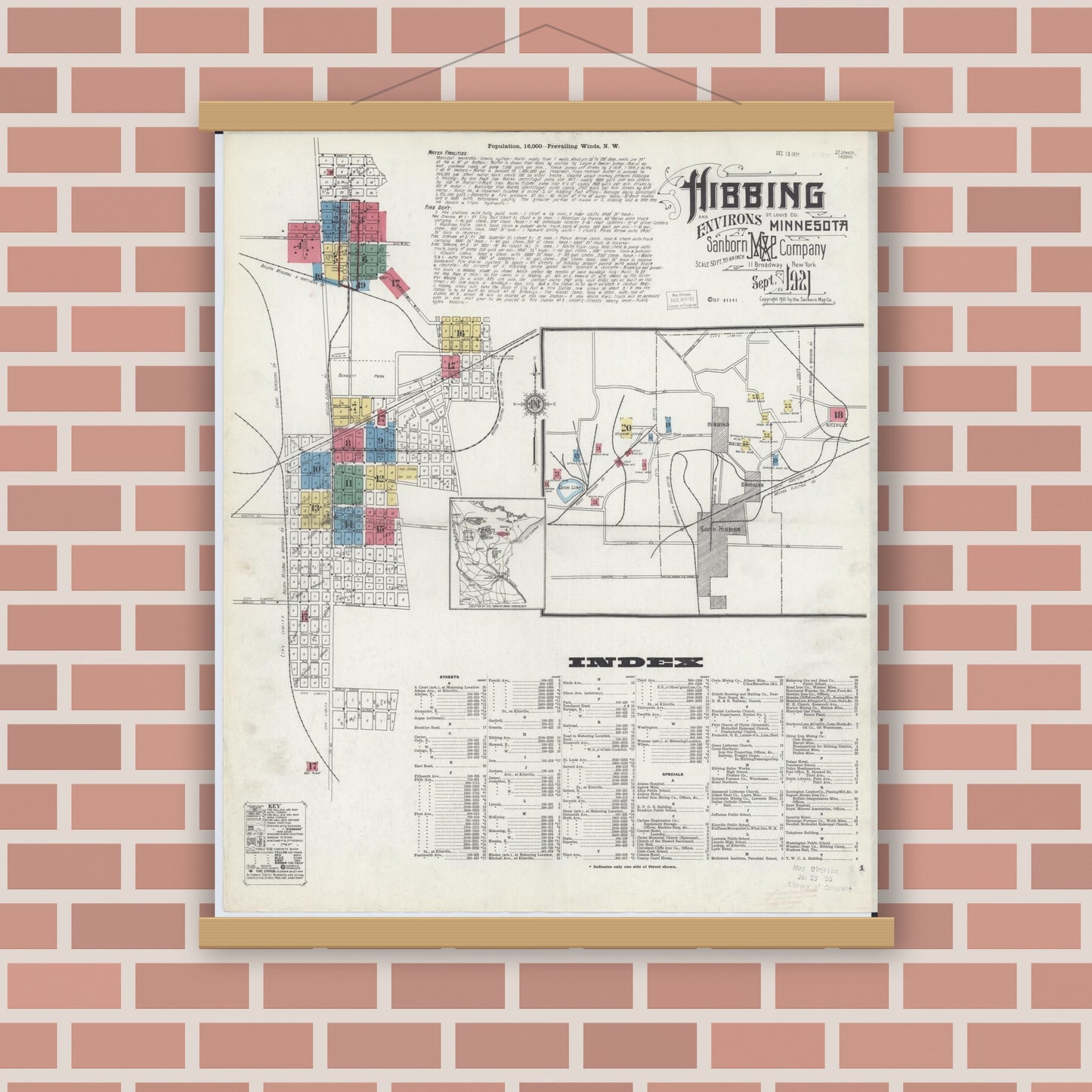 Old map wall art mockup — magnetic wood frame on brick wall — Sanborn Fire Insurance Map from Hibbing, Saint Louis County, Minnesota (1921), Sheet #0001