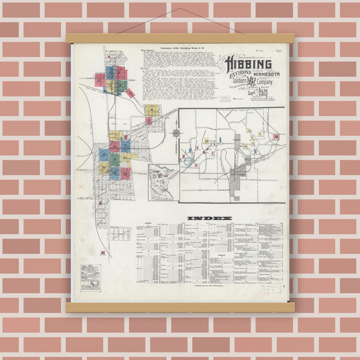 Old map wall art mockup — magnetic wood frame on brick wall — Sanborn Fire Insurance Map from Hibbing, Saint Louis County, Minnesota (1921), Sheet #0001