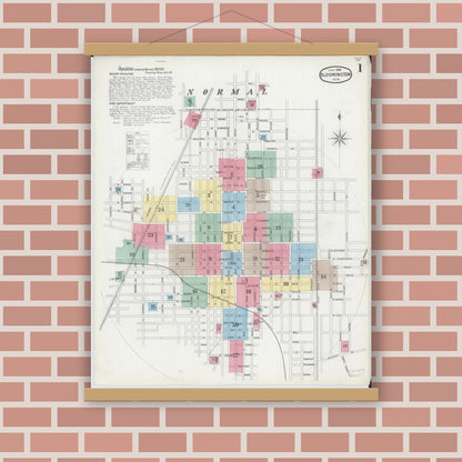 Old map wall art mockup — magnetic wood frame on brick wall — Sanborn Fire Insurance Map from Bloomington, McLean County, Illinois (1896) - Complete Map Set