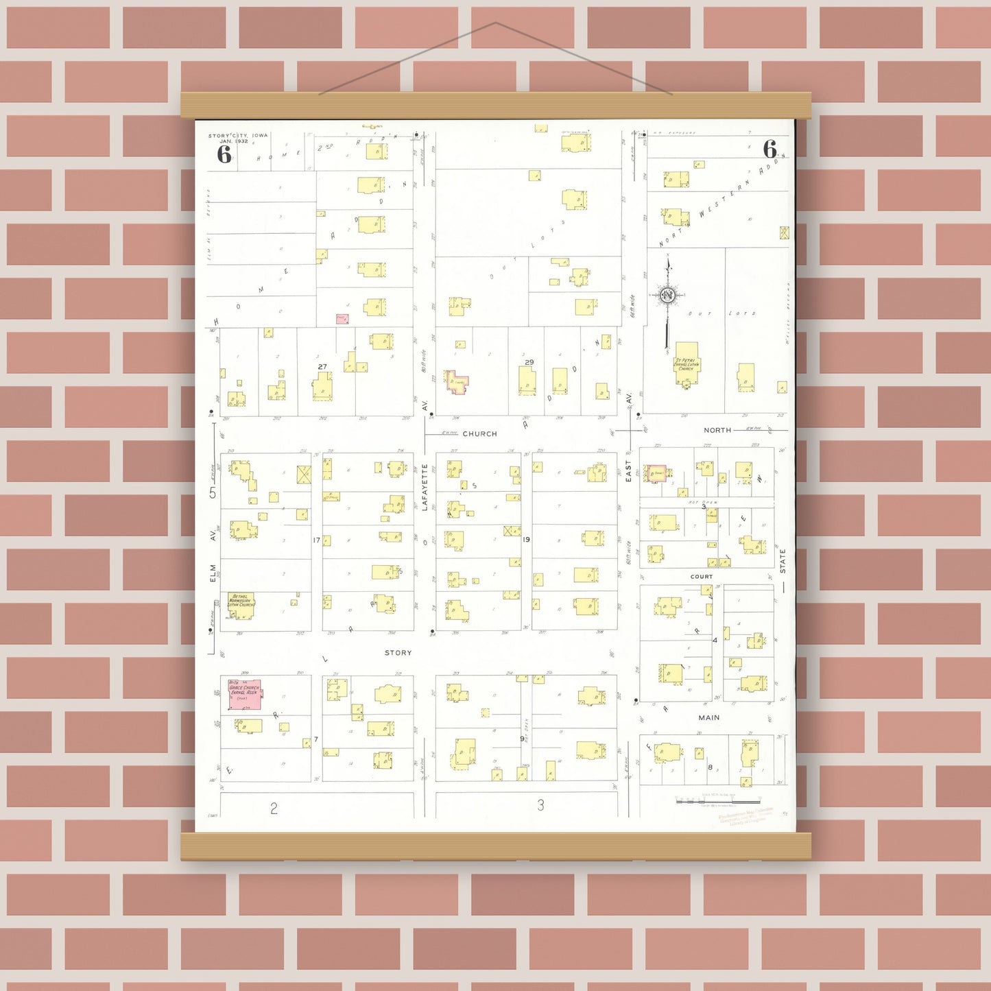 Old map wall art mockup — magnetic wood frame on brick wall — Sanborn Fire Insurance Map from Story City, Story County, Iowa (1932), Sheet #0006