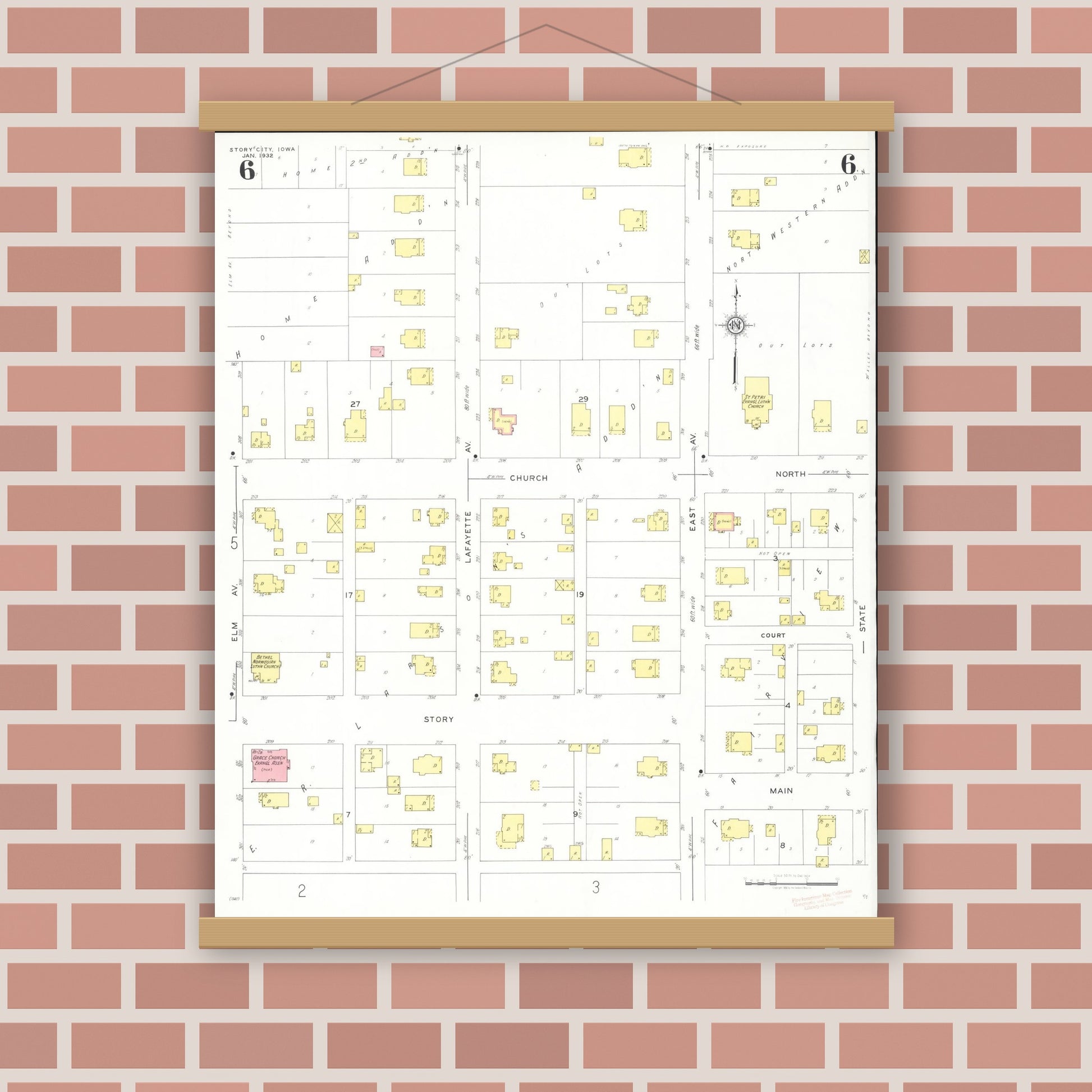Old map wall art mockup — magnetic wood frame on brick wall — Sanborn Fire Insurance Map from Story City, Story County, Iowa (1932), Sheet #0006