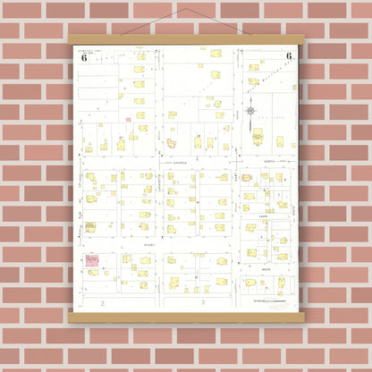 Old map wall art mockup — magnetic wood frame on brick wall — Sanborn Fire Insurance Map from Story City, Story County, Iowa (1932), Sheet #0006