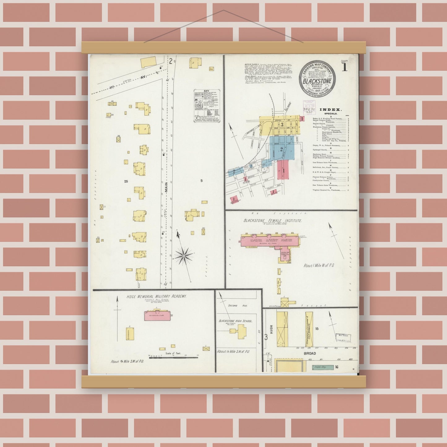 Old map wall art mockup — magnetic wood frame on brick wall — Sanborn Fire Insurance Map from Blackstone, Nottoway County, Virginia (1903) - Complete Map Set