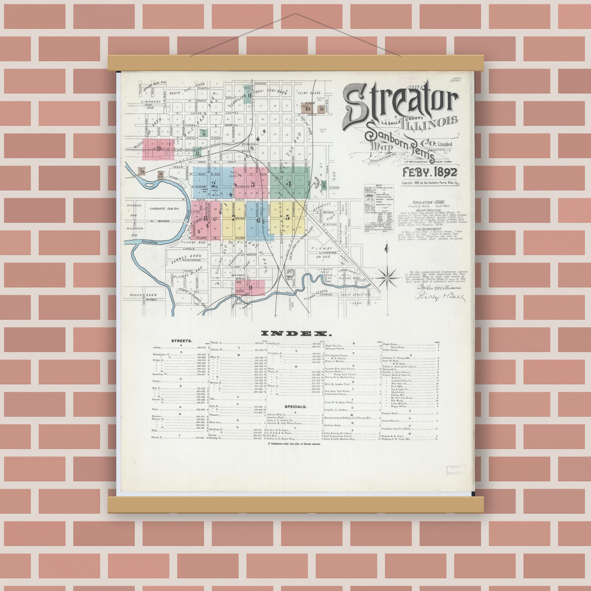 Old map wall art mockup — magnetic wood frame on brick wall — Sanborn Fire Insurance Map from Streator, La Salle County, Illinois (1892) - Complete Map Set