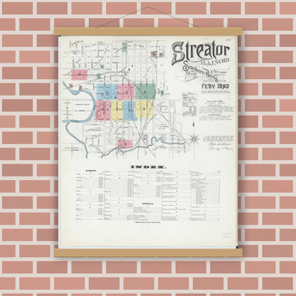 Old map wall art mockup — magnetic wood frame on brick wall — Sanborn Fire Insurance Map from Streator, La Salle County, Illinois (1892) - Complete Map Set