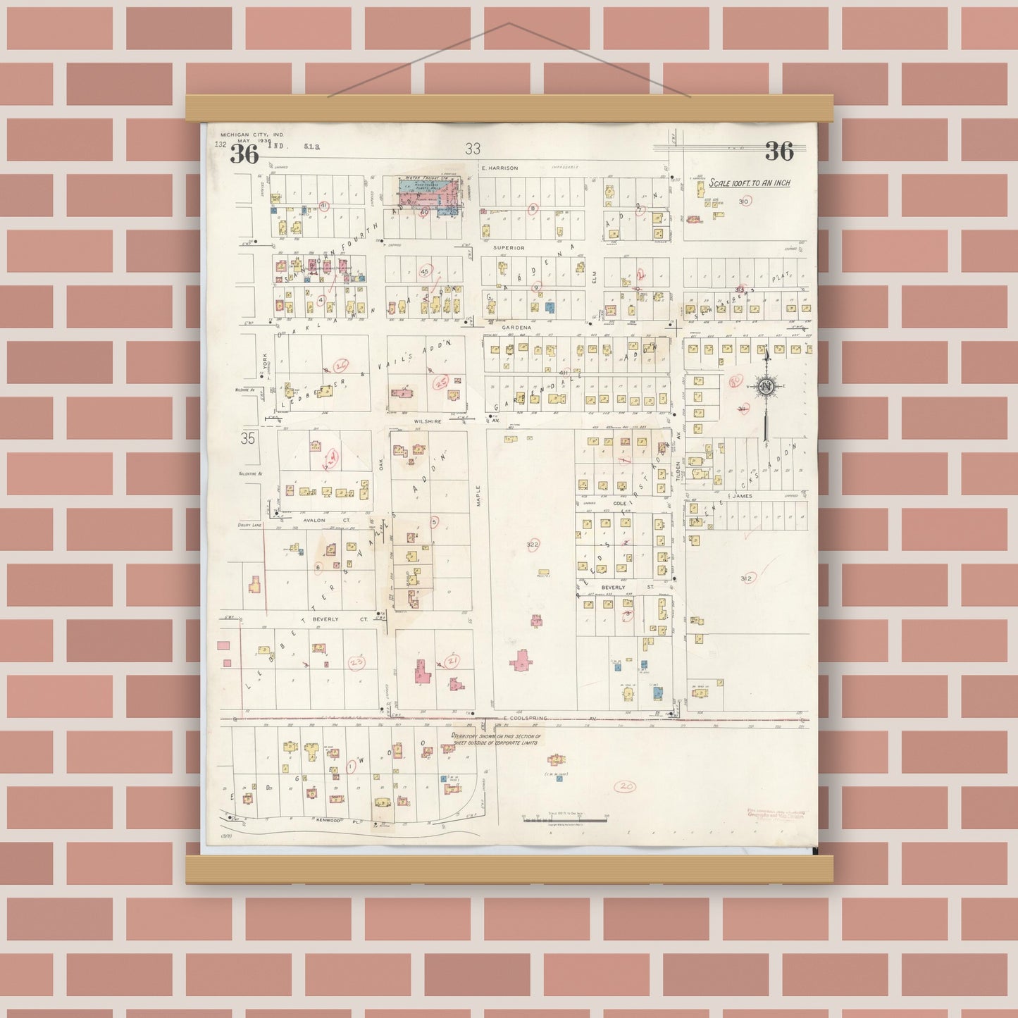 Old map wall art mockup — magnetic wood frame on brick wall — Sanborn Fire Insurance Map from Michigan City, La Porte County, Indiana (1948), Sheet #0036
